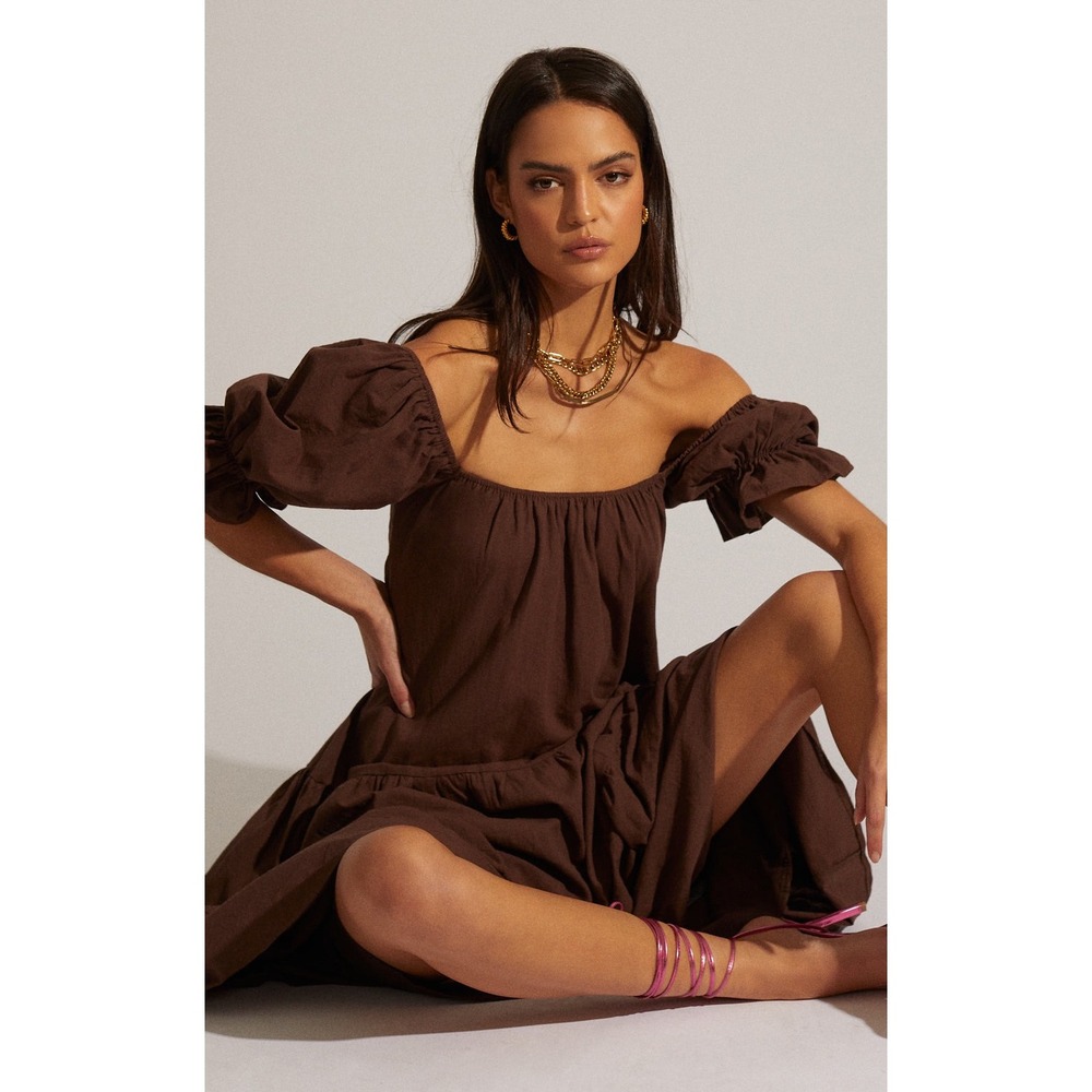 Showpo Zaharrah Brown Off Shoulder Tiered Midi Dress US 4 - Picture 3 of 9